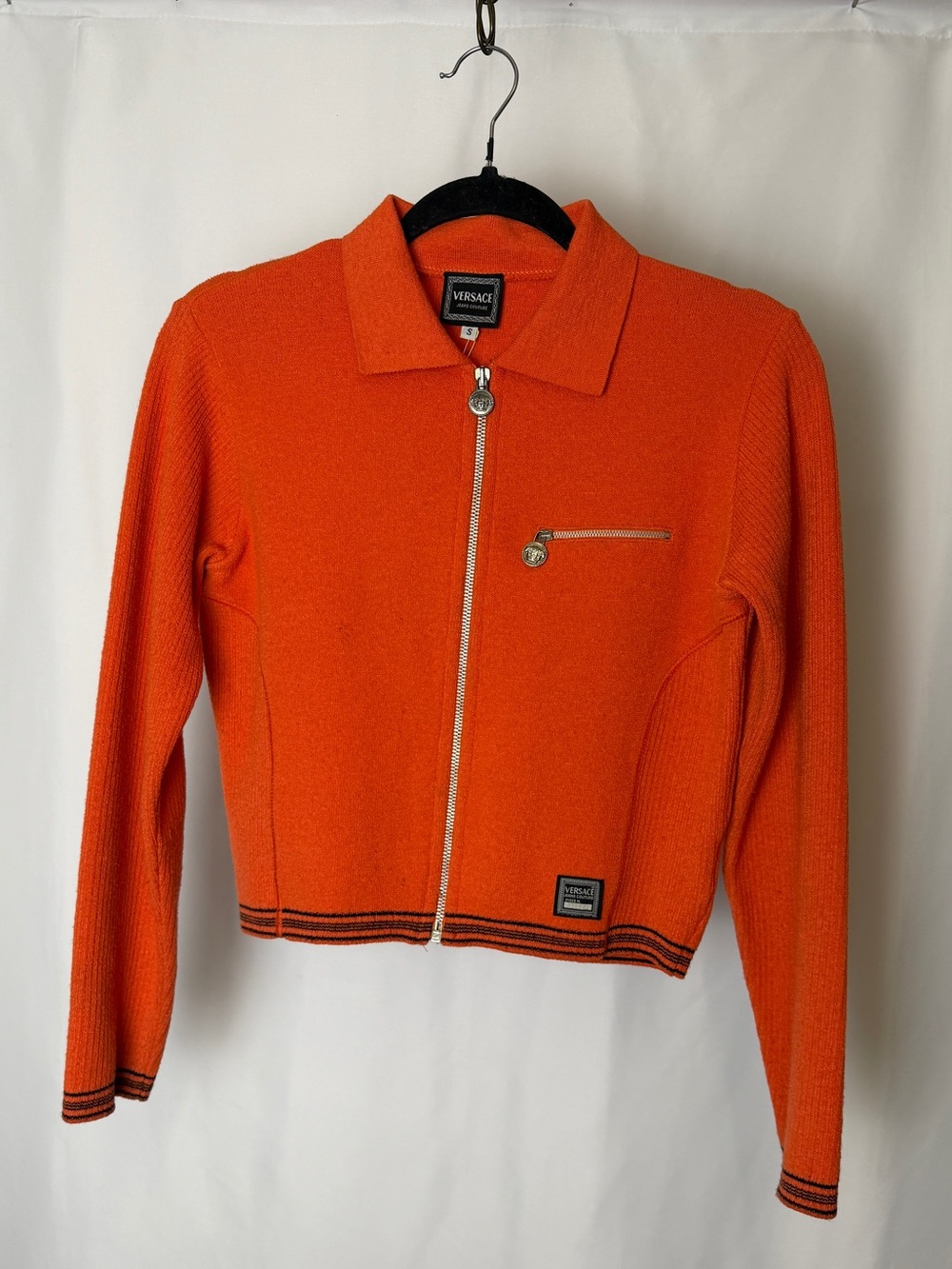 90s Vintage Versace Women’s Orange Zip-Front Knit Jacket